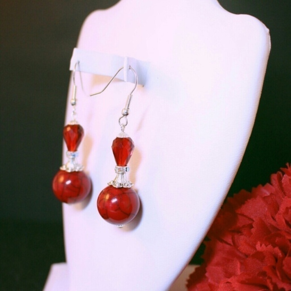 Red and Silver Beaded Drop Earrings - Picture 2 of 3